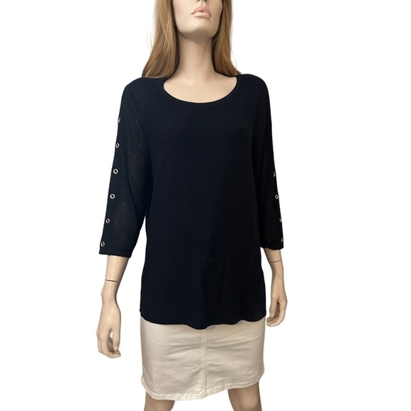 TRIBAL Sweater Tunic Pullover Top Silver Grommets ΒΎ Sleeve Hi Low Chiffon Panels - Picture 12 of 15